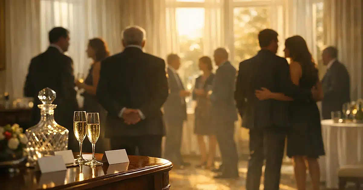 Silhouetted figures conversing in sunlit diplomatic reception room with elegant furnishings