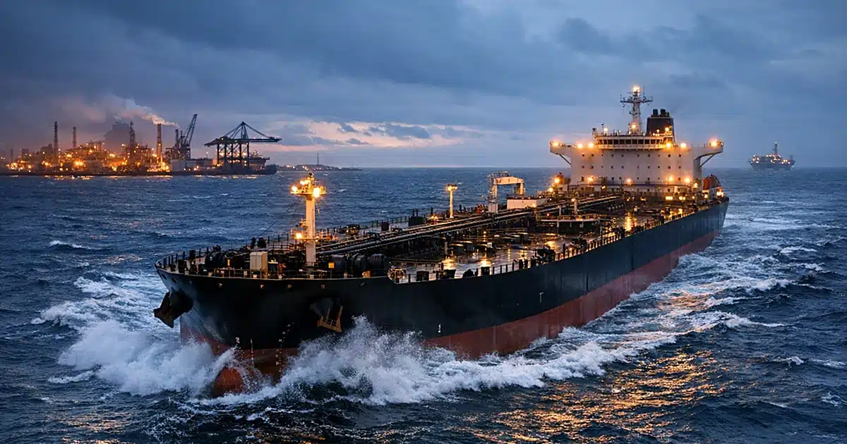 Large oil tanker ship moving through ocean waters at dusk with industrial port facilities visible on horizon