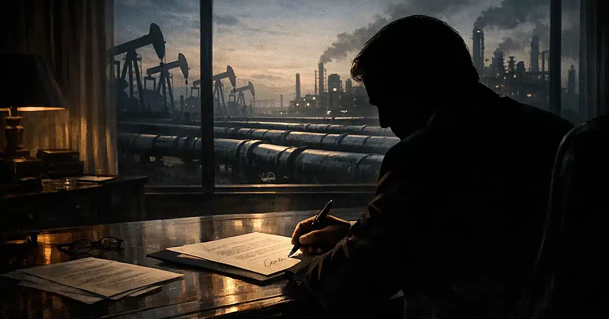 Silhouetted figure signing document at desk with oil derricks visible through window in background
