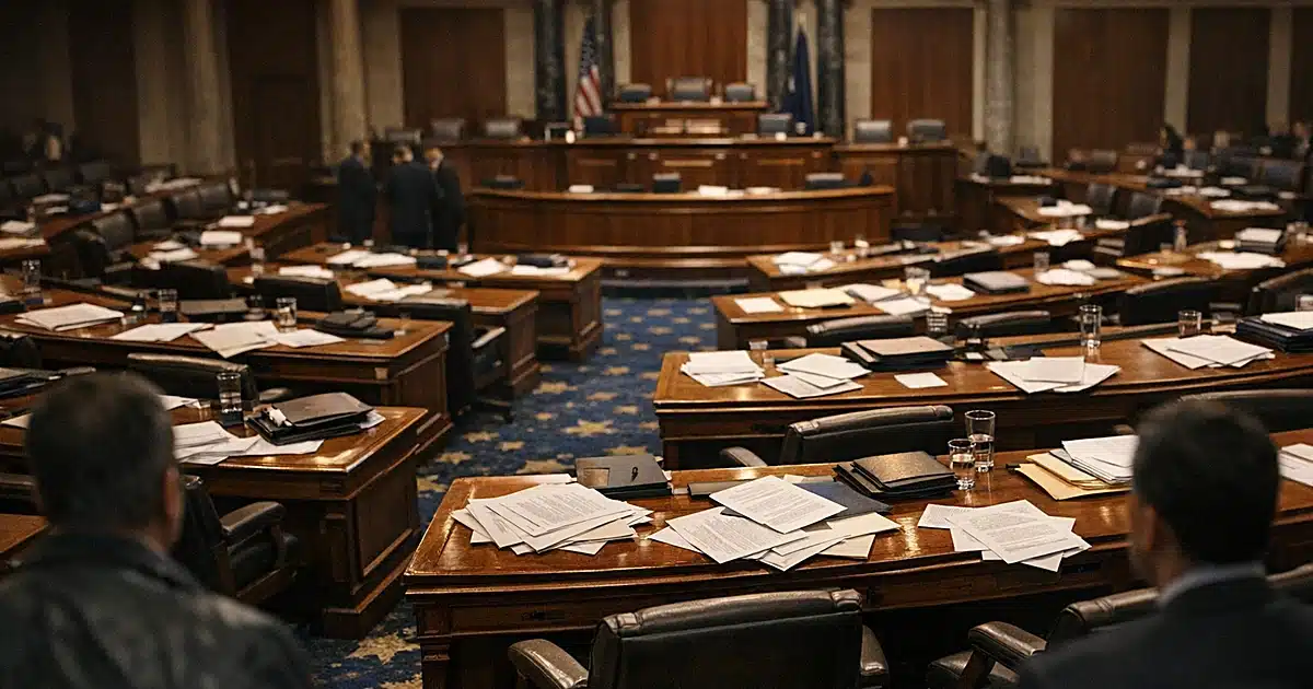 Empty legislative chamber with scattered papers on desks after congressional session