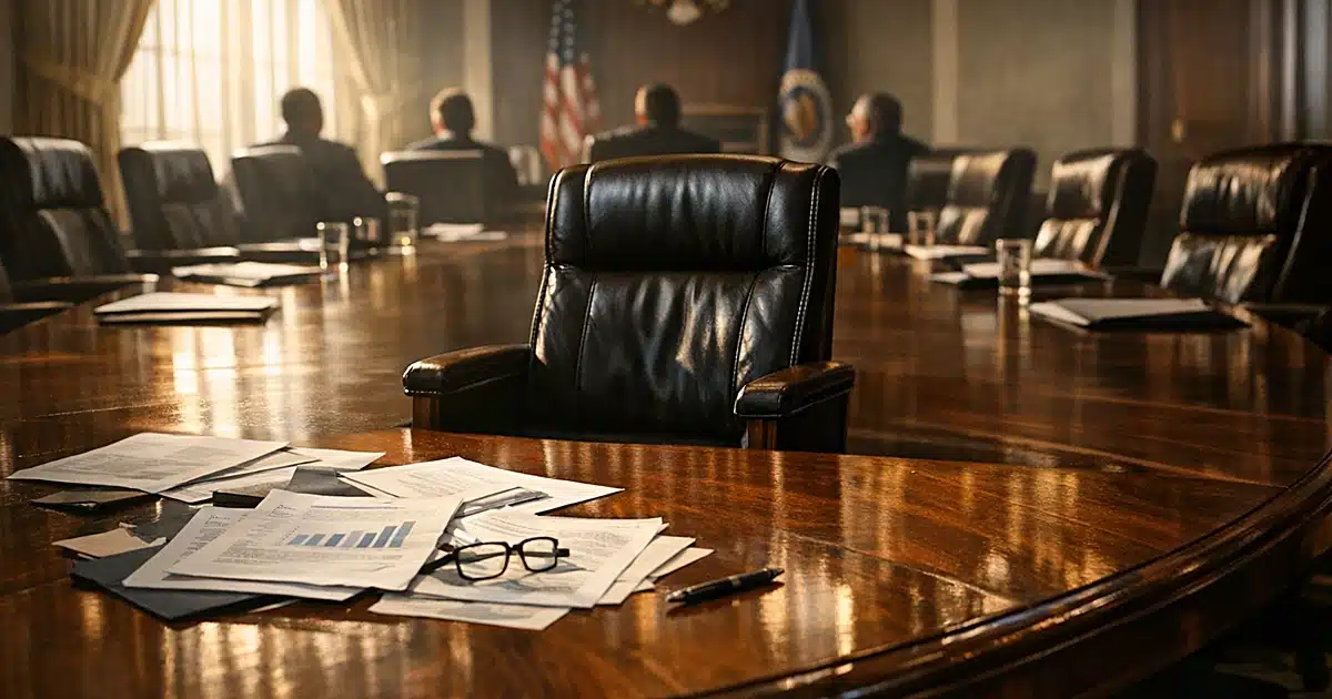 Federal Reserve boardroom with oval table, scattered documents, and empty leather chairs in dramatic window lighting