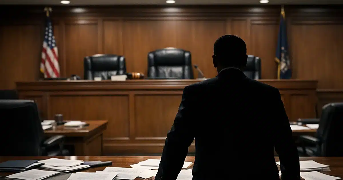 Empty federal courtroom with silhouetted attorney at table preparing legal documents before judge's bench