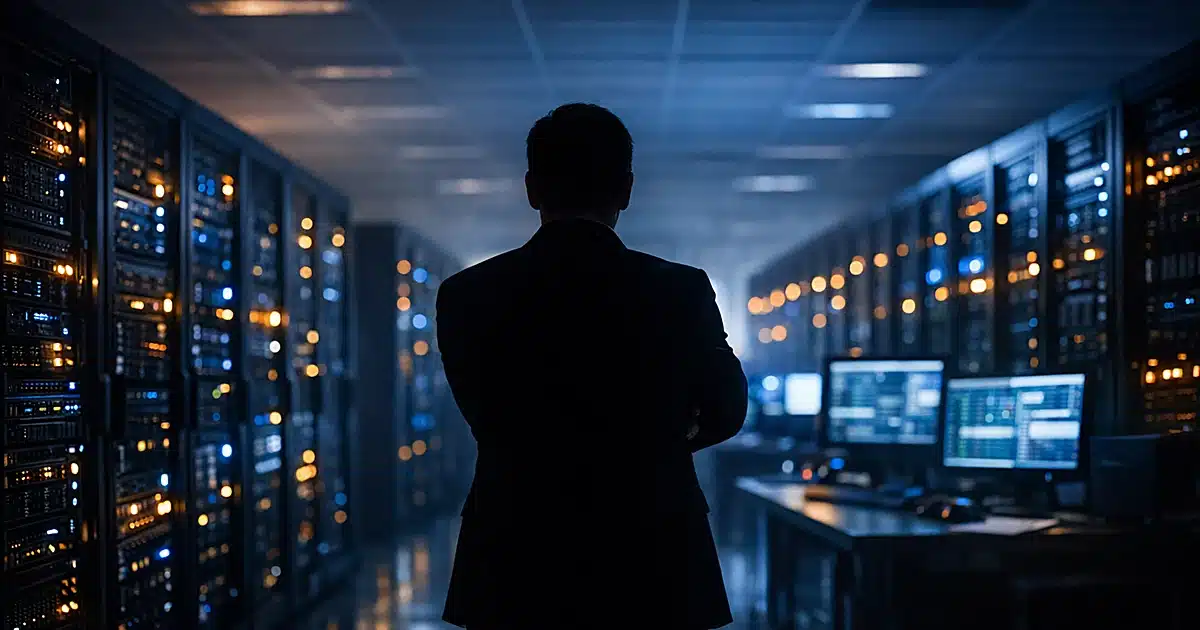 Silhouetted figure stands before illuminated server racks in federal data center