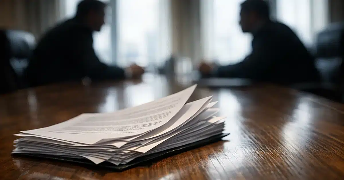 Legal document being pushed across conference table between two silhouetted figures in tense confrontation