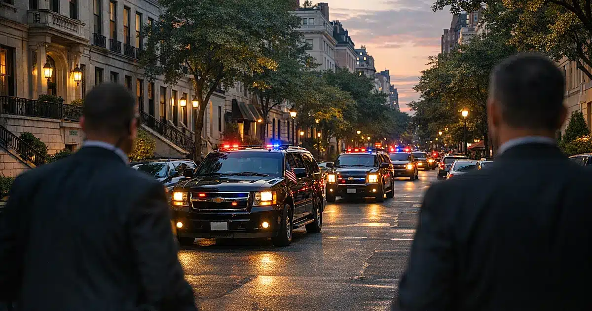 Presidential motorcade vehicles moving through tree-lined Upper East Side street at dusk with emergency lights