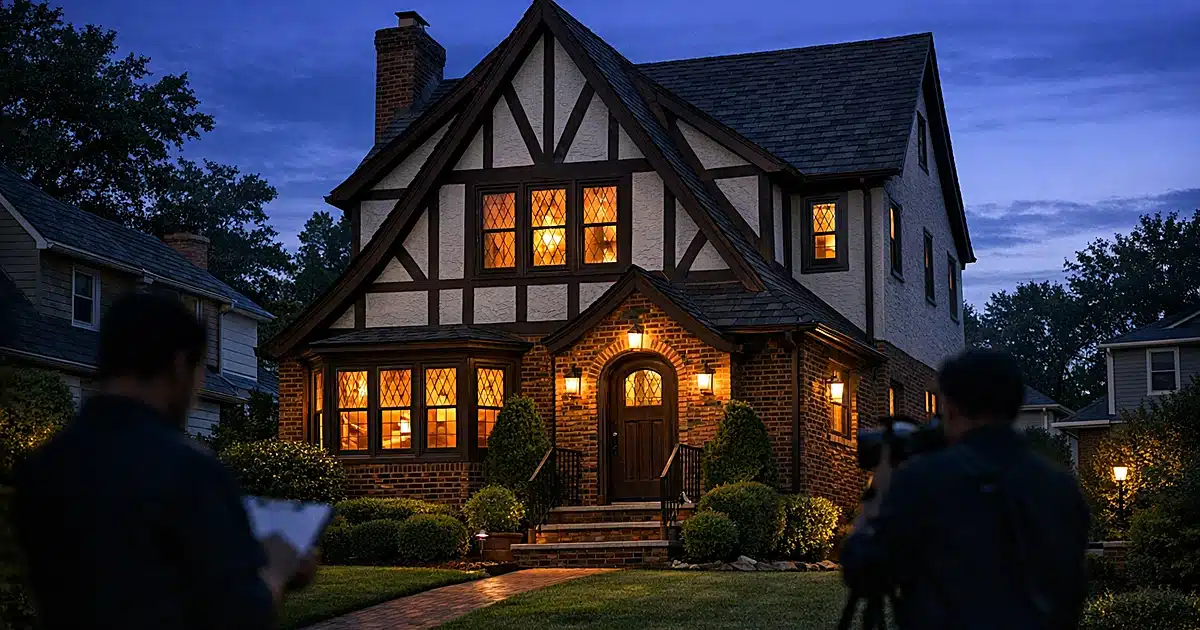 Tudor-style brick home with half-timbering photographed at dusk with interior lights glowing through windows