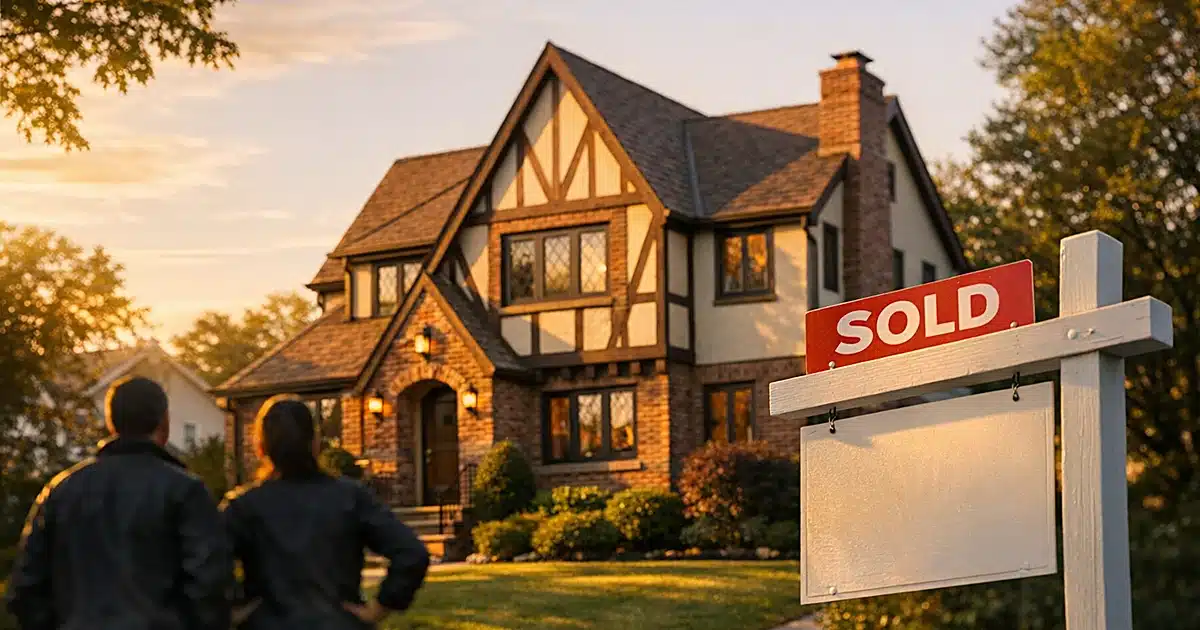 Brick Tudor-style house with sold real estate sign in front yard at golden hour