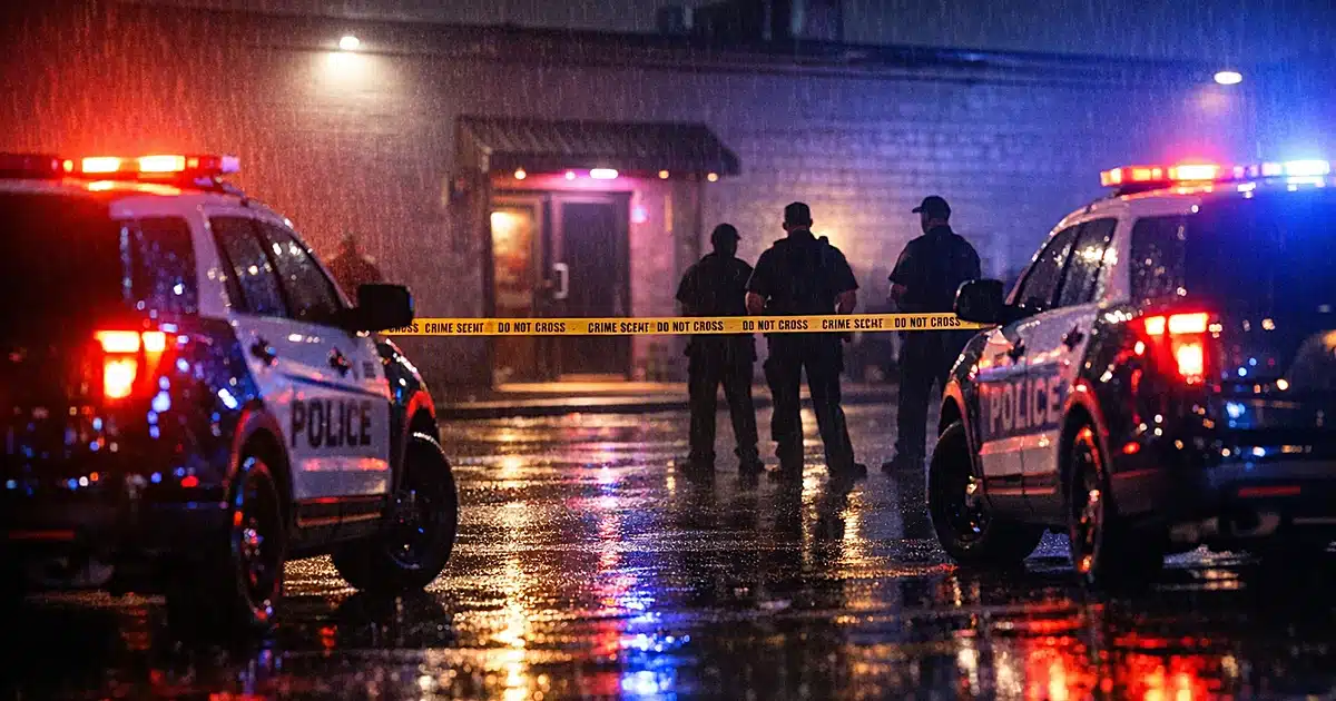 Police vehicles with flashing lights at night in parking lot with crime scene tape
