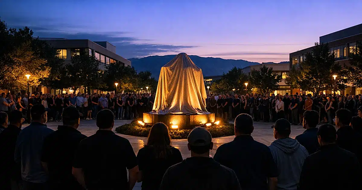 Silhouetted crowd gathered around covered monument at university courtyard during dusk memorial ceremony