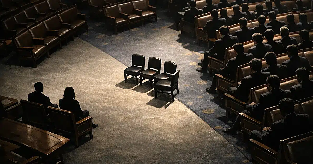 Overhead view of legislative chamber with isolated silhouetted figures separated from two distinct groups of seats