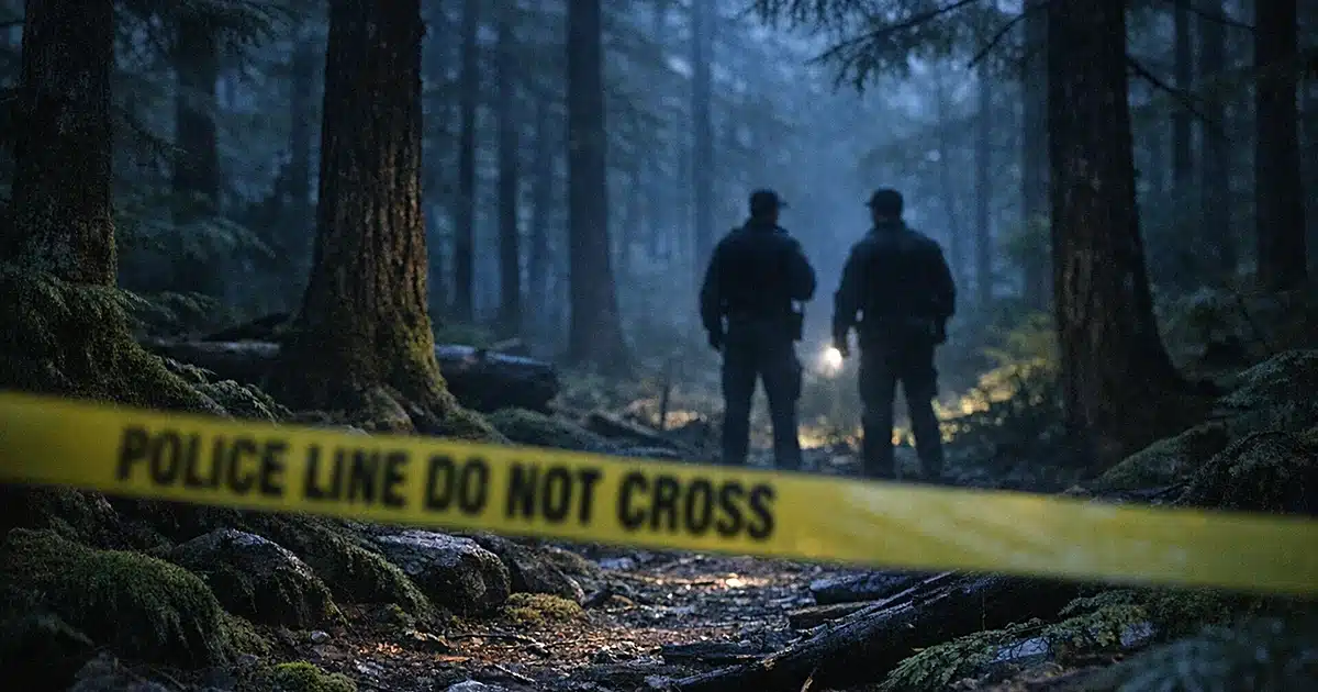 Police tape stretched across dense Alaskan forest with distant officer silhouettes among trees at dusk