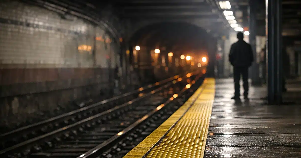 Empty New York subway platform at night with tracks leading into illuminated tunnel