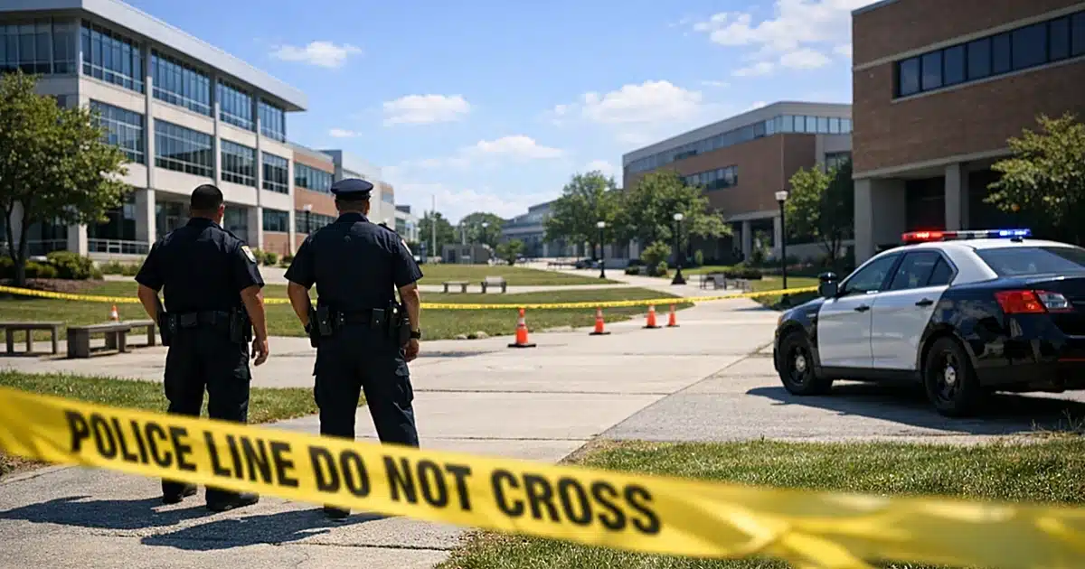 Police tape cordons off section of community college campus walkway with officer silhouettes in background