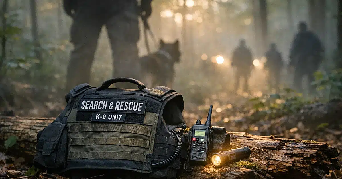 Search-and-rescue K9 vest on forest log with emergency radio equipment at dawn in dense Virginia woods