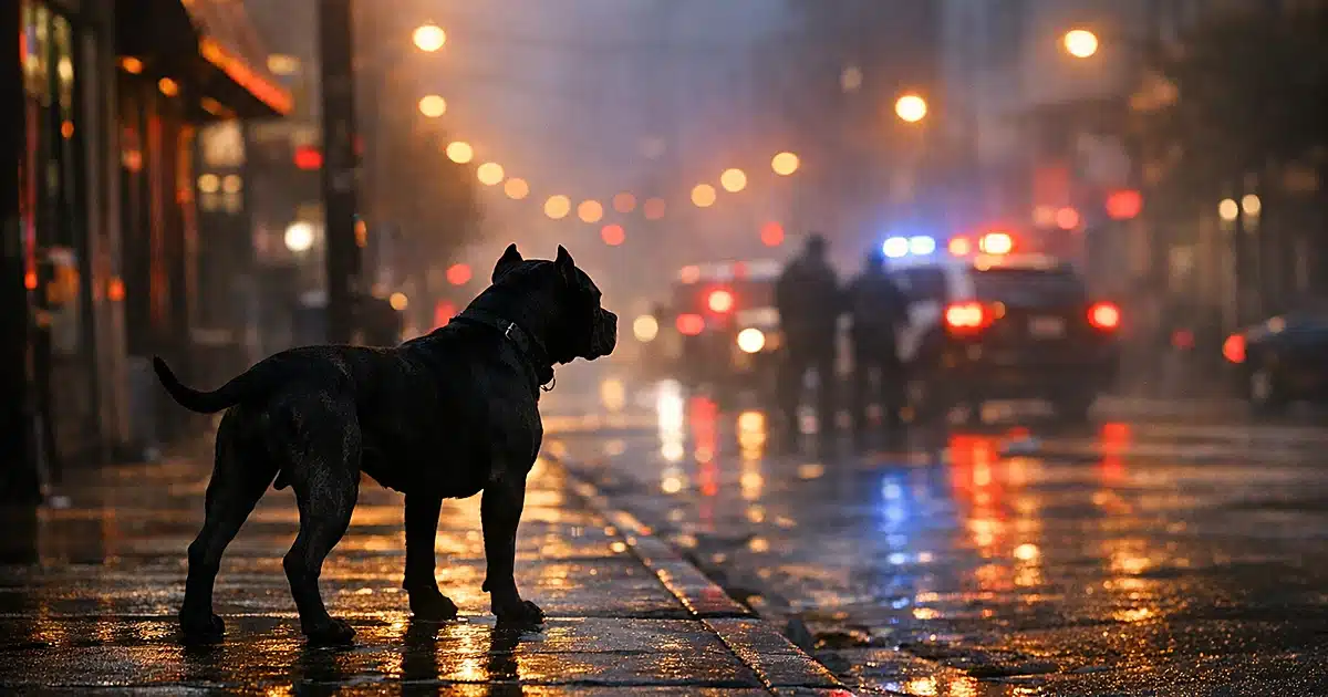 Empty urban sidewalk at dusk with silhouette of large dog standing alone on wet pavement under streetlights