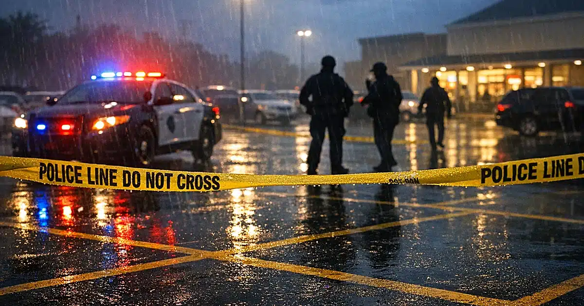 Police vehicle with flashing lights in rain-covered supermarket parking lot at dusk with crime scene tape