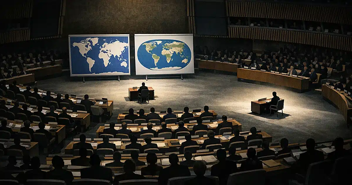 Aerial view of assembly hall with isolated desk separated from grouped desks, two world map projections displayed below