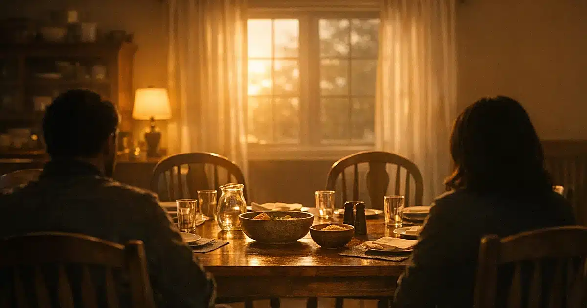 Empty dining room table with chairs in warm evening light suggesting family gathering space