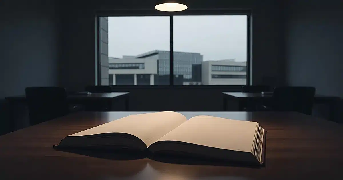 Open document on table with university building silhouette visible through window in background