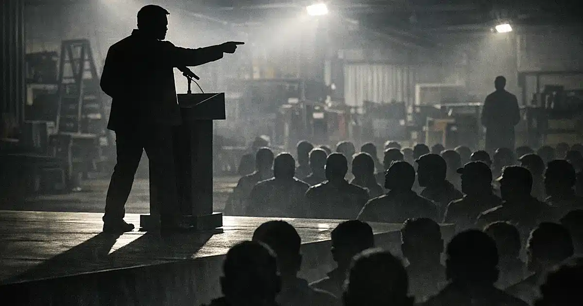 Silhouetted speaker at podium addressing crowd in industrial facility with dramatic overhead lighting