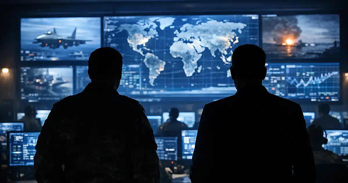 Silhouetted figures in military operations room with glowing tactical screens showing maps and data