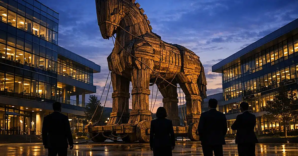 Large wooden Trojan horse structure in modern tech campus courtyard at dusk with silhouetted figures observing