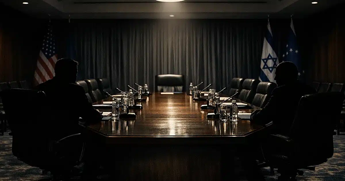 Two silhouetted figures seated at opposite ends of a long conference table in a dimly lit diplomatic room