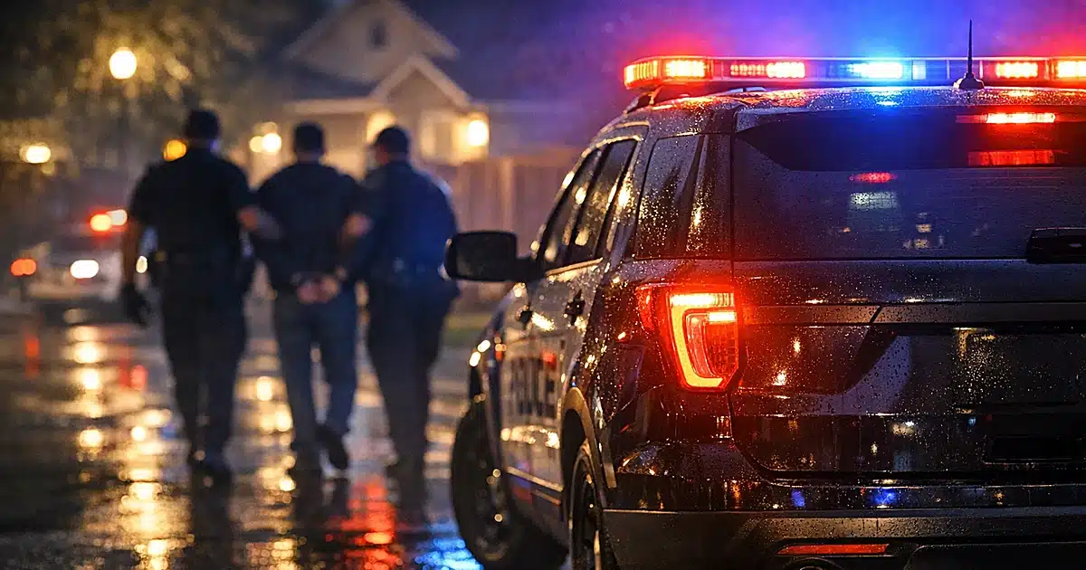 Police patrol car with flashing emergency lights on wet suburban street at night in Cedar Park, Texas
