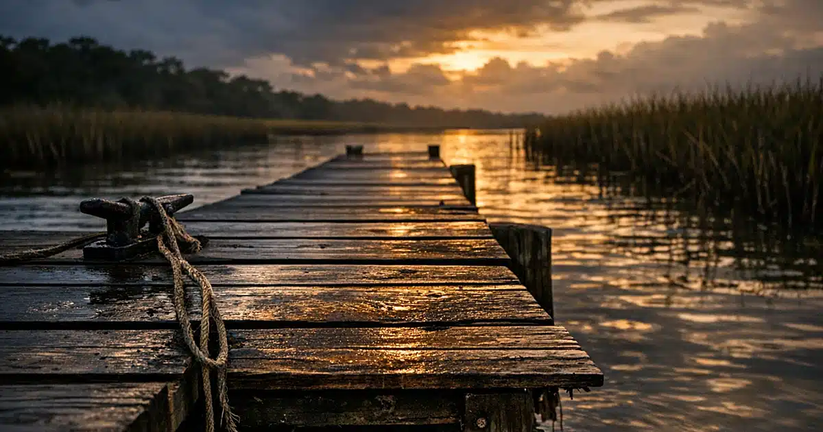 Weathered wooden dock extending into dark tidal waterway at dusk with loose rope hanging from cleat