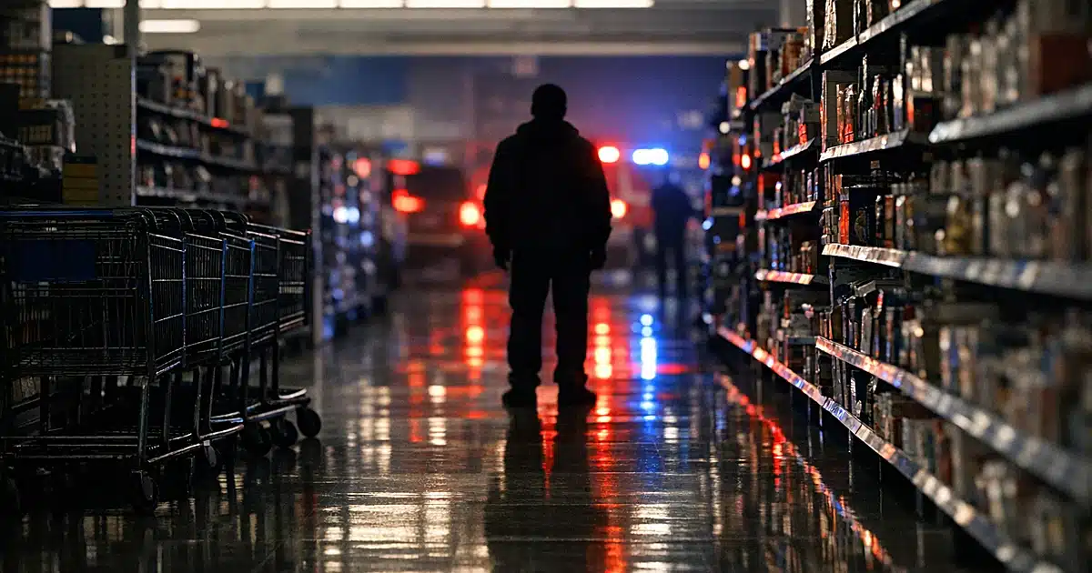 Empty retail store aisle with shopping carts and emergency lights reflecting on floor at night