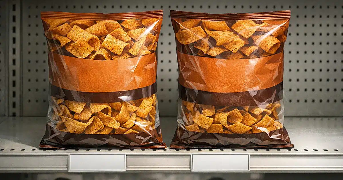 Two identical chip bags on store shelf, one less full than the other, both priced at $1.84