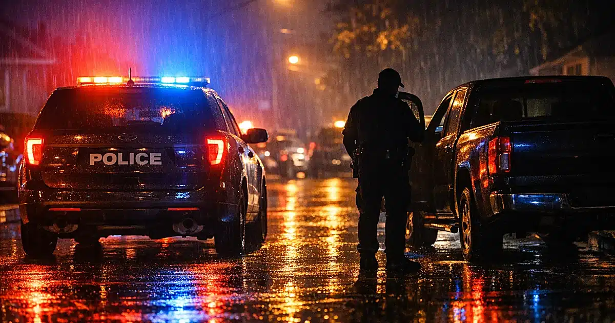 Police patrol car with flashing emergency lights on dark residential street at night with parked vehicles