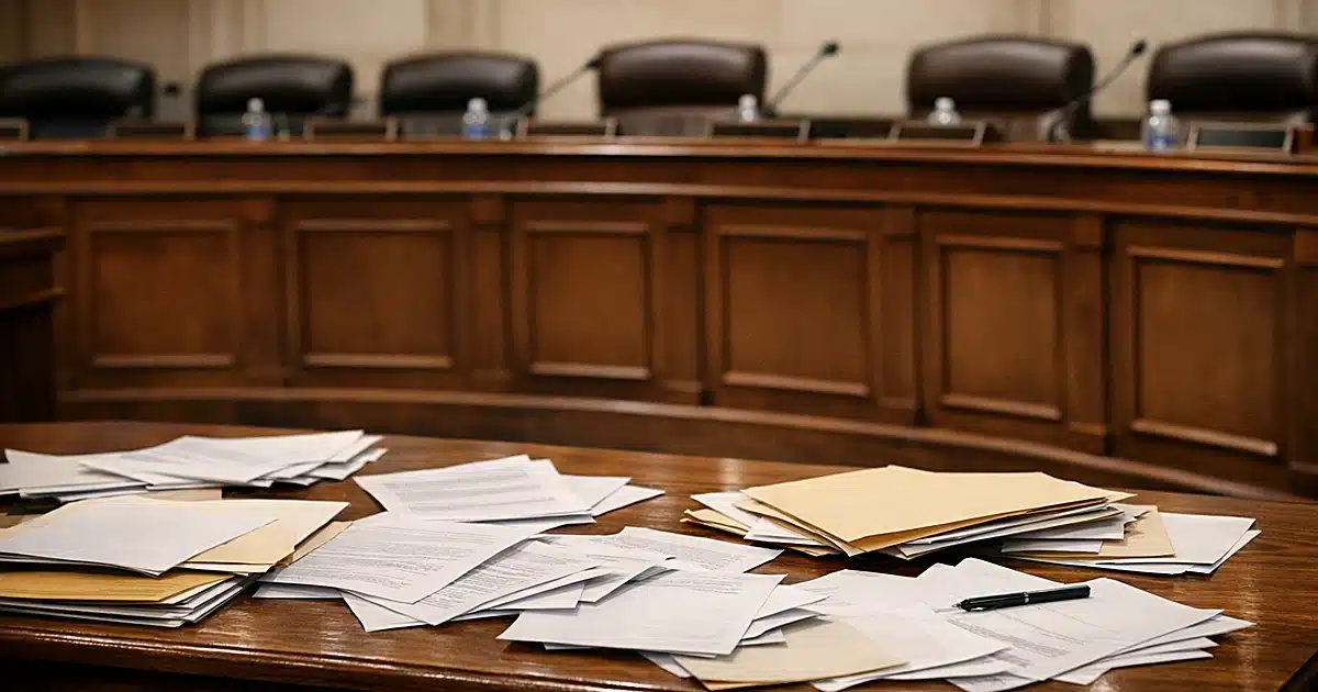 Empty congressional hearing room with scattered documents on witness table and vacant committee chairs behind dais