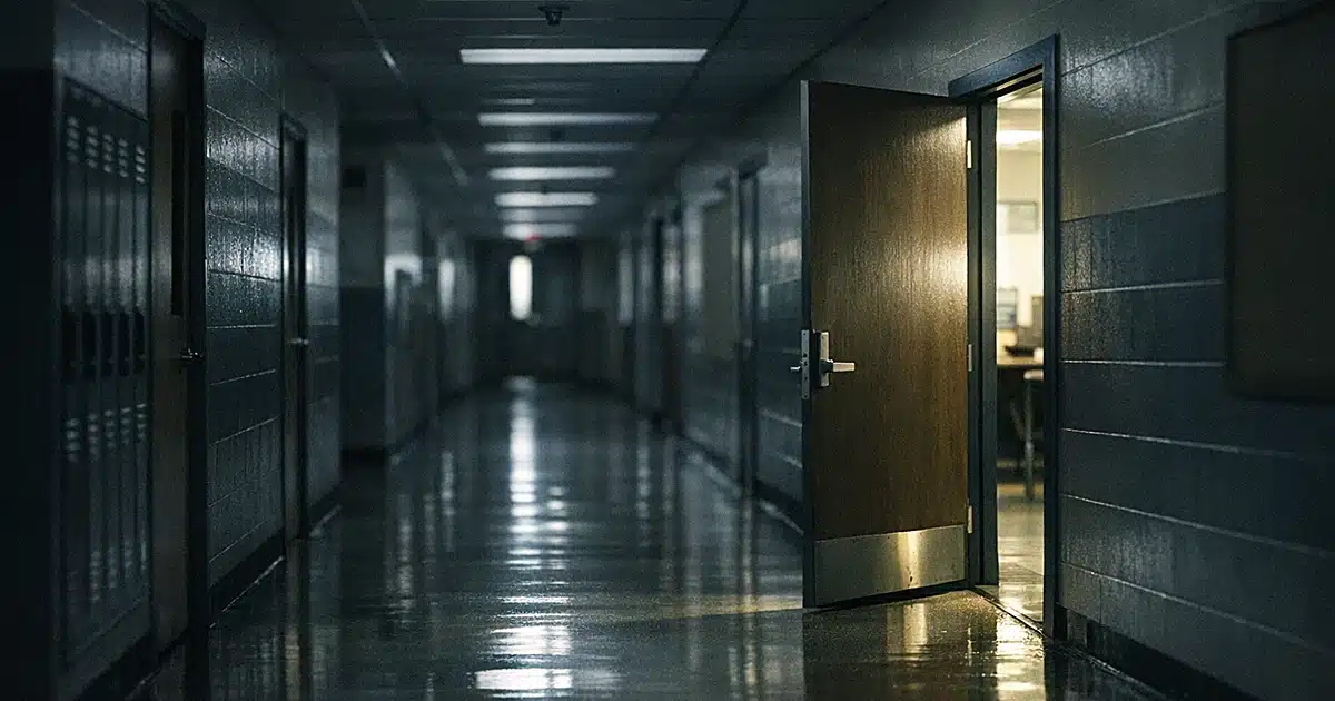Empty school hallway with fluorescent lights and closed classroom doors in shadow