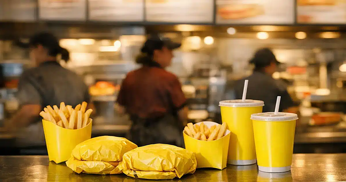 Yellow fast-food packaging on restaurant counter with workers in background