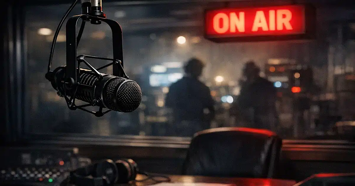 Empty broadcast announcer booth with microphone and on-air light in television studio