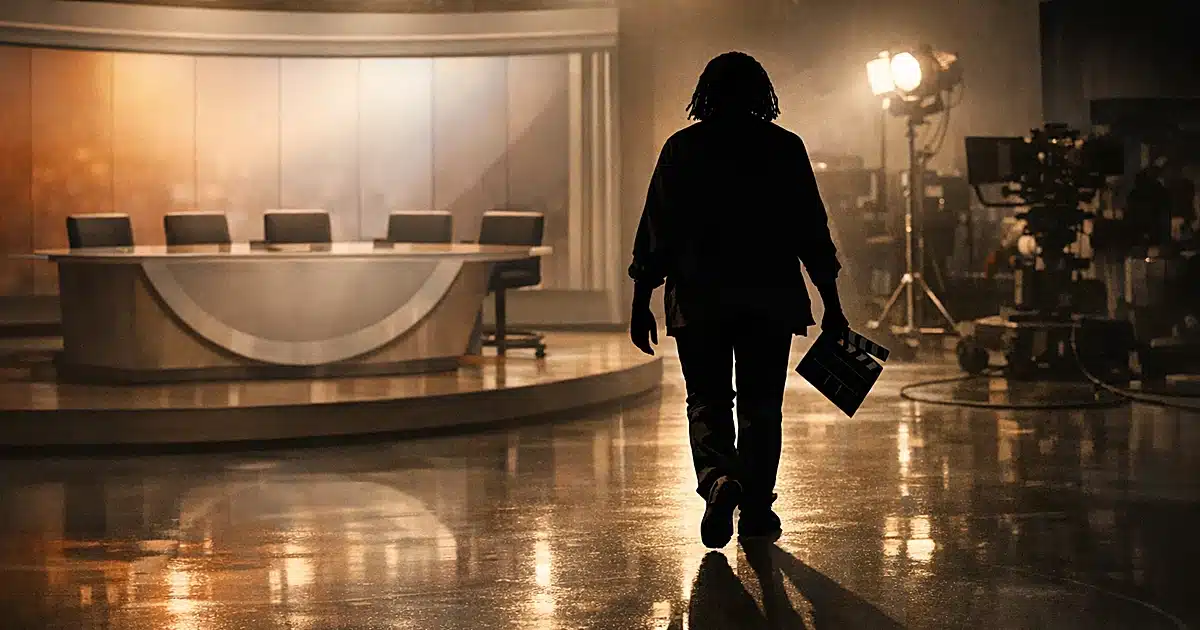 Silhouette leaving talk show desk with empty chairs, carrying film equipment under studio lights