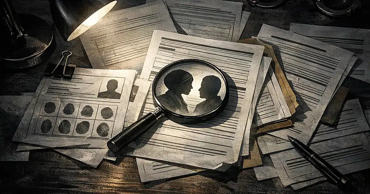 Immigration documents on desk under lamp with magnifying glass examining papers in dramatic lighting