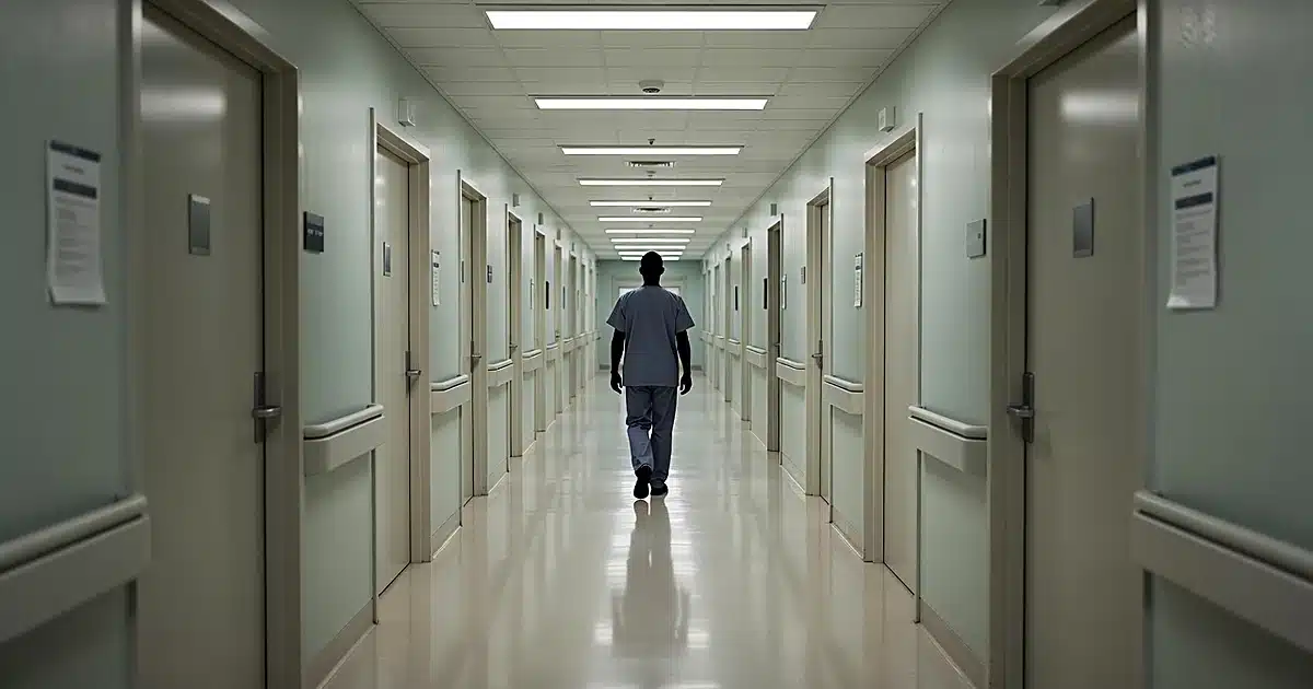 Silhouetted medical professional walking down brightly lit hospital corridor with examination room doors