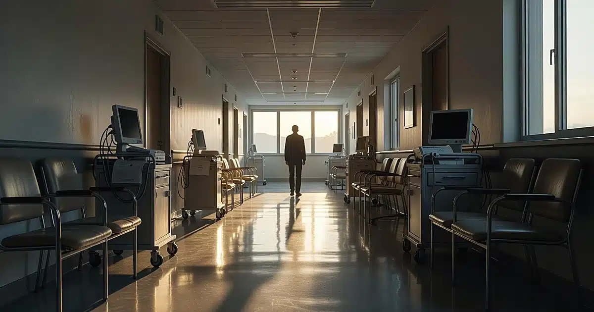 Silhouetted figure at end of bright hospital corridor with morning light streaming through windows