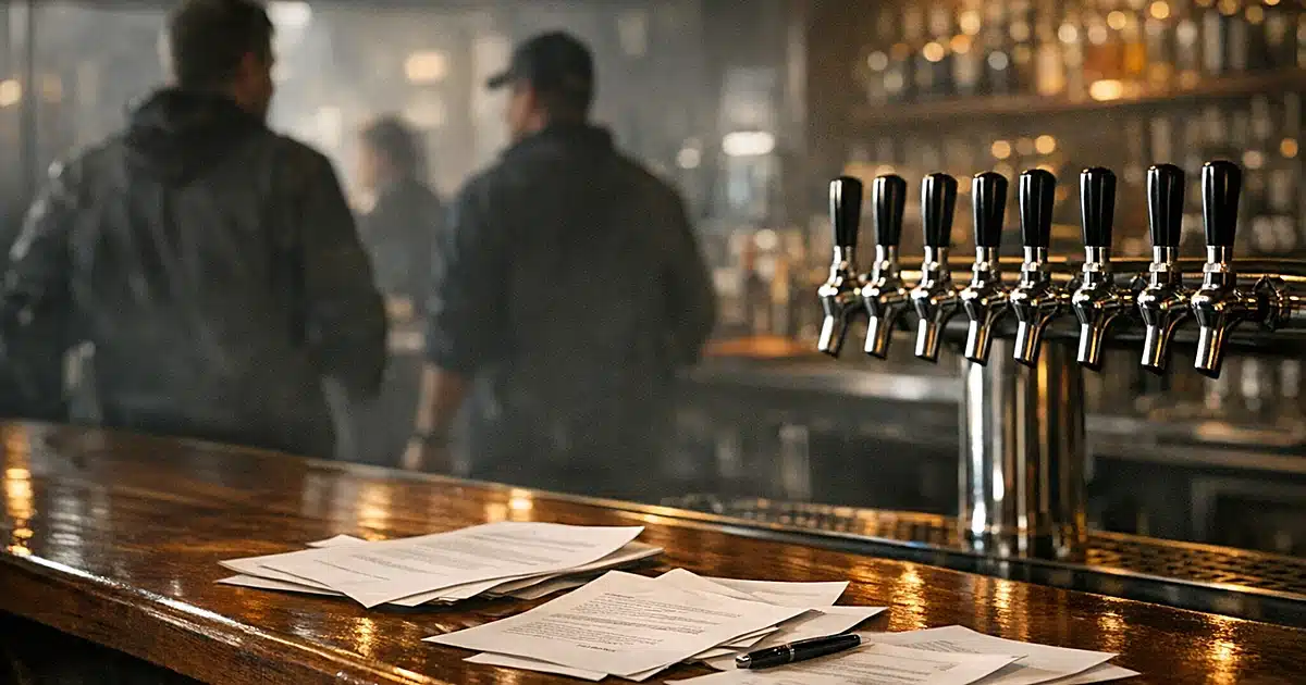 Empty beer taps on brewery bar with scattered documents and silhouetted figures in background