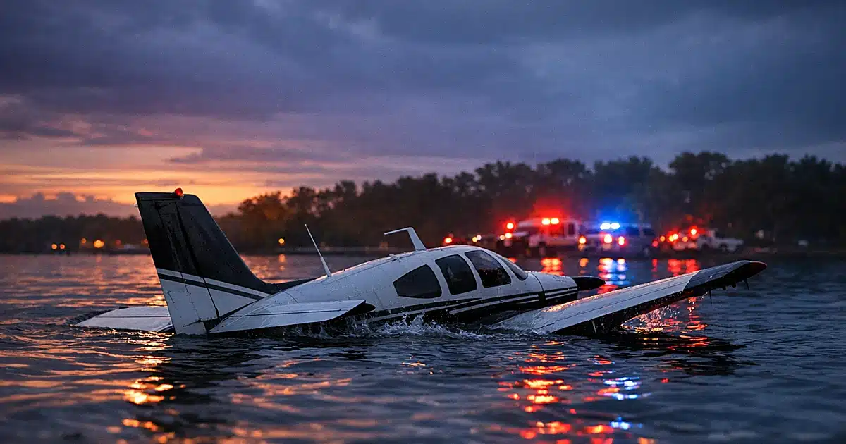 Small aircraft partially submerged in dark lake water at dusk with emergency lights reflecting on surface