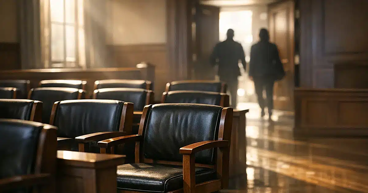 Empty jury assembly room with wooden chairs and afternoon light streaming through courthouse windows