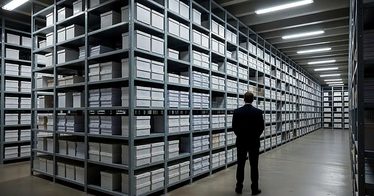 Silhouetted figure standing before rows of document storage in federal vault with fluorescent lighting