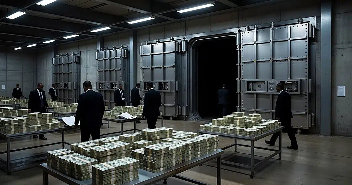 Federal vault interior with steel doors and stacked currency on metal tables under fluorescent lighting