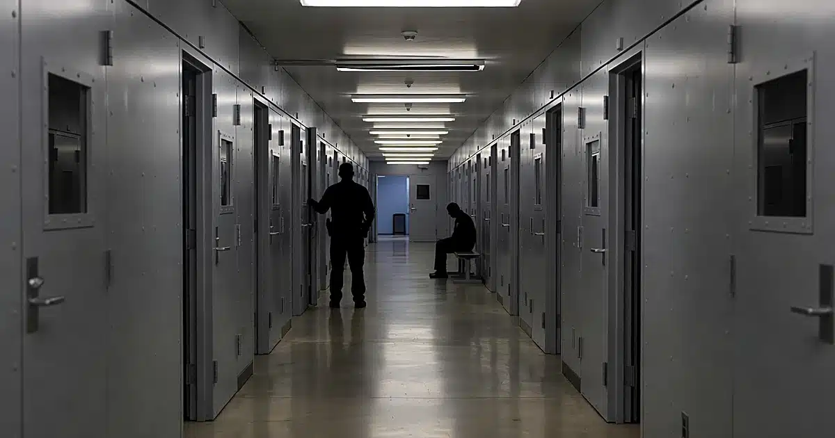 Immigration detention facility corridor with silhouetted officers and institutional security doors