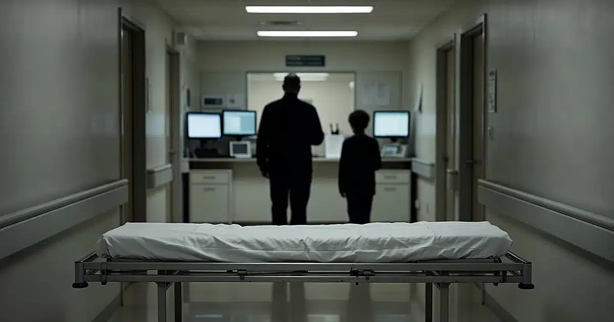 Empty hospital gurney in corridor with silhouetted figures in background under fluorescent lighting