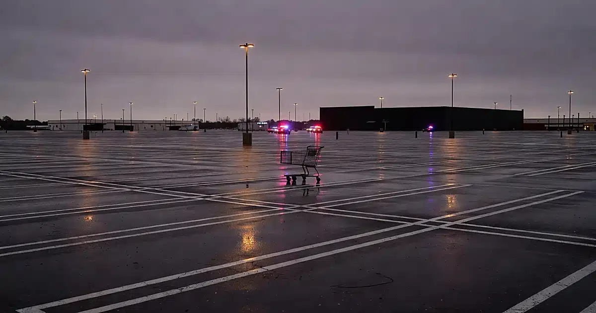 Empty retail parking lot at dusk with emergency lights reflecting on wet pavement