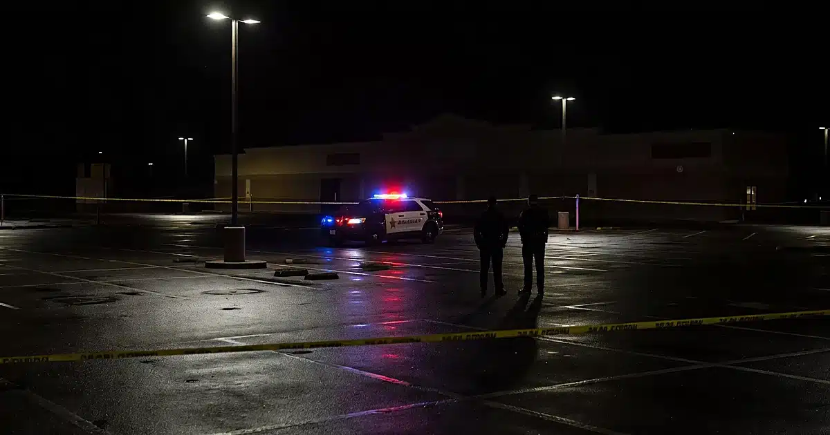 Sheriff's patrol car with emergency lights active in a grocery store parking lot at night with crime scene tape