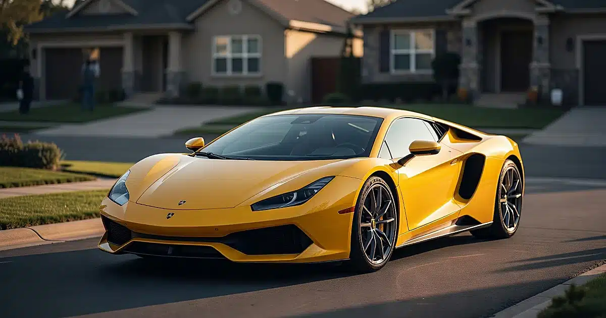 Yellow luxury sports car parked in residential driveway during golden hour with blurred suburban background